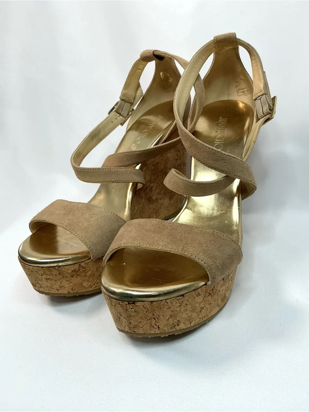 Jimmy Choo | Portia 120 Nude Suede Cork Platform Wedge Sandals EU 40